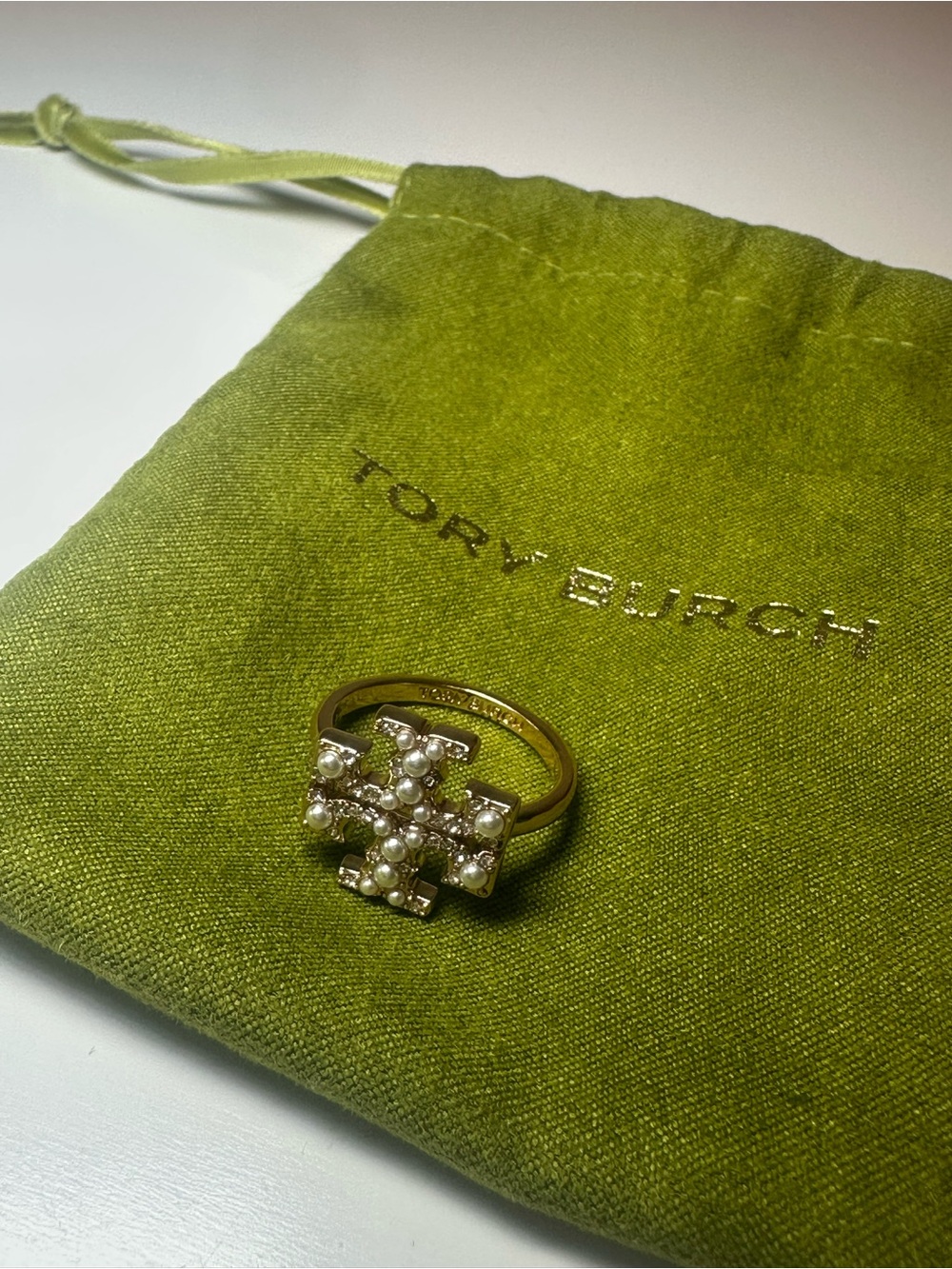 Tory Burch Gold Logo Pearl Ring